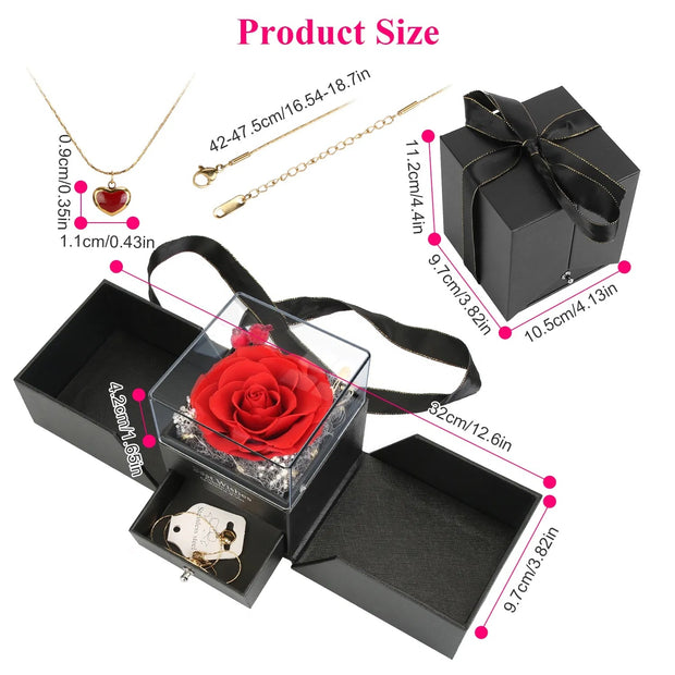 Preserved Red Real Rose With Heart Necklace Eternal Flowers Rose With Golden Necklace Gifts For Women Mom Wife Girlfriend Grandma On Valentine Mother Day Christmas Anniversary