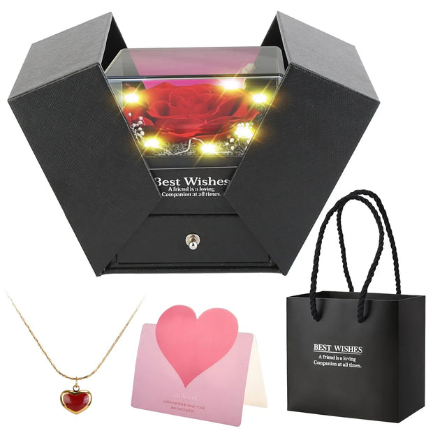Preserved Red Real Rose With Heart Necklace Eternal Flowers Rose With Golden Necklace Gifts For Women Mom Wife Girlfriend Grandma On Valentine Mother Day Christmas Anniversary