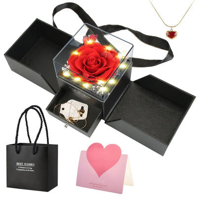 Preserved Red Real Rose With Heart Necklace Eternal Flowers Rose With Golden Necklace Gifts For Women Mom Wife Girlfriend Grandma On Valentine Mother Day Christmas Anniversary