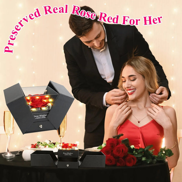 Preserved Red Real Rose With Heart Necklace Eternal Flowers Rose With Golden Necklace Gifts For Women Mom Wife Girlfriend Grandma On Valentine Mother Day Christmas Anniversary