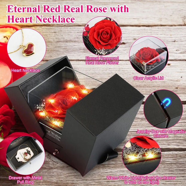 Preserved Red Real Rose With Heart Necklace Eternal Flowers Rose With Golden Necklace Gifts For Women Mom Wife Girlfriend Grandma On Valentine Mother Day Christmas Anniversary